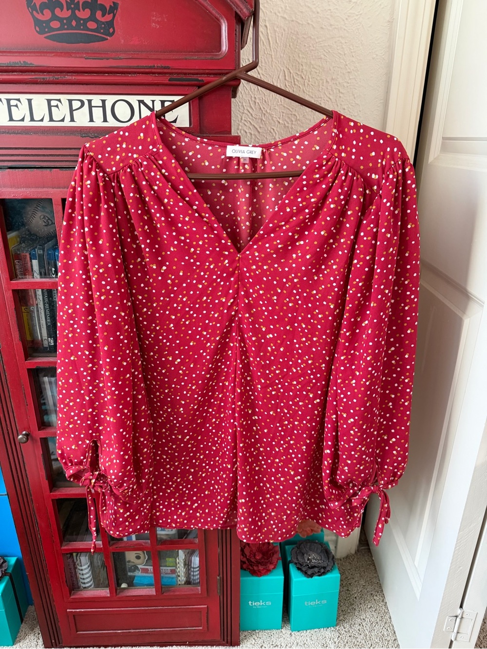 Olivia Grey Red Polka Dot V-Neck Blouse - Picture 2 of 6